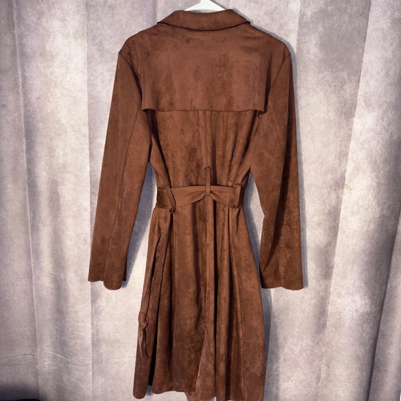 Torrid Women's Size 2X Brown Faux Suede Trench Coat Duster Belted Zip Pockets - Picture 2 of 8